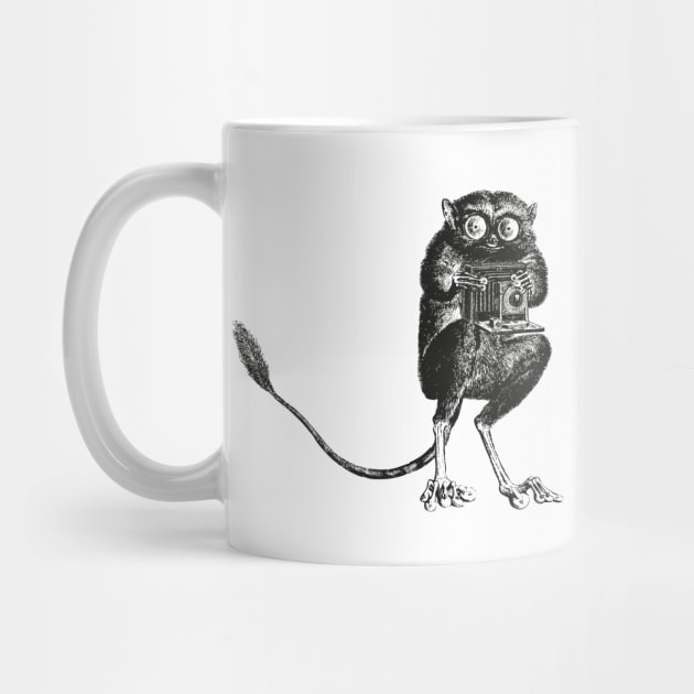 Say Cheese! | Tarsier with Vintage Camera | Bellows Camera | Black and White | Anthropomorphic | by Eclectic At Heart